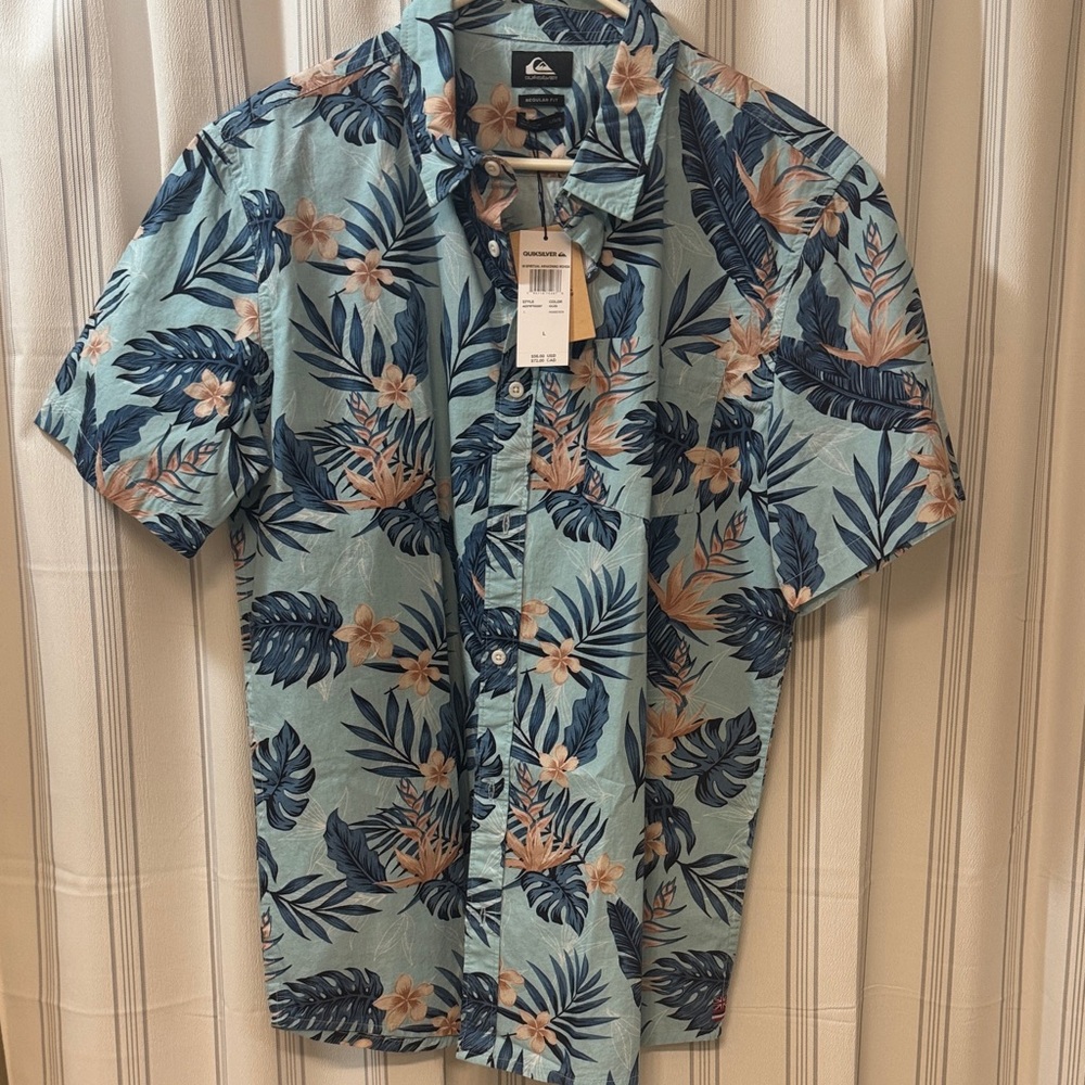 Quiksilver Blue and Beige Floral Men's Shirt